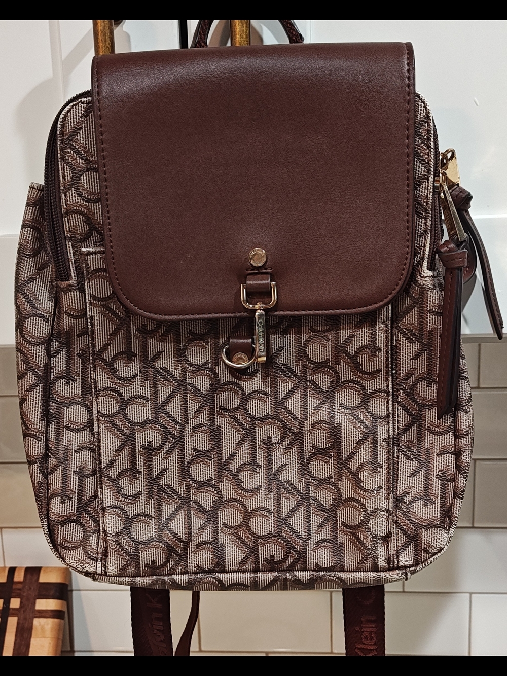 Calvin Klein Dark Brown Signature Coated Canvas Flap Backpack